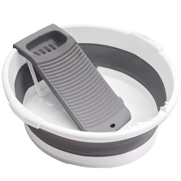 Imagem de LUMINFLY Lavatório dobrável portátil com tábua de lavar e dreno embutidos, lavatório de lavanderia com economia de espaço para itens pequenos