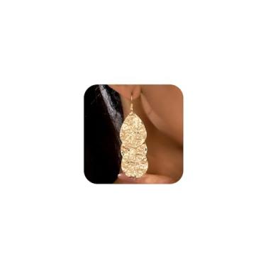 Imagem de Brincos femininos com pingente de gota d'água martelada dourada exclusiva, leve, plissada, pendente, joia moderna, presente, One Size, Metal, Sem pedra preciosa