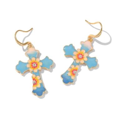Imagem de Brincos femininos com pingente de cruz de flor, joia hipoalergênica esmaltada dourada
