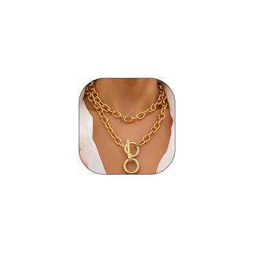 Imagem de Colares de ouro grosso em camadas para mulheres, gargantilha de corrente de clipe de papel punk personalizado, colar com pingente redondo grosso de declaração, acessórios de joias modernas, presente