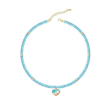 Imagem de LafleLam Colar com pingente de contas, azul turquesa com detalhes dourados, corrente ajustável, Pedra, Turquesa