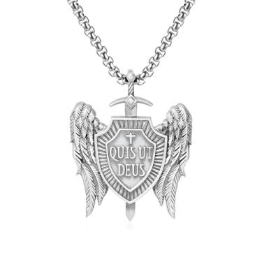 Imagem de Naturepernulo Colar masculino banhado a prata 925 com espada de asa de anjo vintage asas de prata escudo de espada QUIS UT DEUS Colar com pingente de São Miguel, Moderate type, Aço inoxidável, Sem