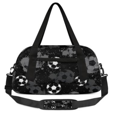 Imagem de Bolsa de viagem de academia para meninos – Bolsa infantil de fim de semana com bolso frontal com zíper para prática escolar, bolsas de mão para adolescentes, Futebol preto e branco, Esportivo