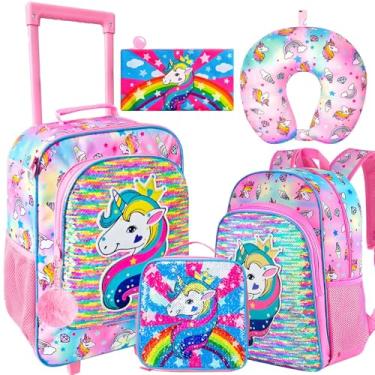 Imagem de Conjunto de 5 peças de bagagem infantil para meninos e meninas, malas de mão com rodinhas, Unicórnio rosa, 13.5" x 18" x 6"