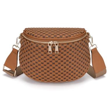 Imagem de FODOKO Bolsa tiracolo de tecido para mulheres de couro vegano, bolsa quadriculada com cinto, bolsas de ombro, Café xadrez marrom tecido, Couro vegano tecido