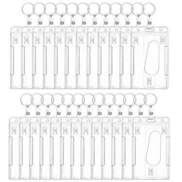 Imagem de Pacote com 25 porta-crachás verticais com chaveiros, suportes de plástico transparente frente e verso, 8 x 6 cm, com compartimento para polegar para acesso rápido ao cartão, perfeito para trabalho ou