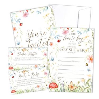 Imagem de Convite para chá de bebê A Little Love Bug com envelopes, ingressos para sorteio de fraldas, cartões de solicitação de livros, conjunto de suprimentos de decoração de chá de bebê de inseto, convites