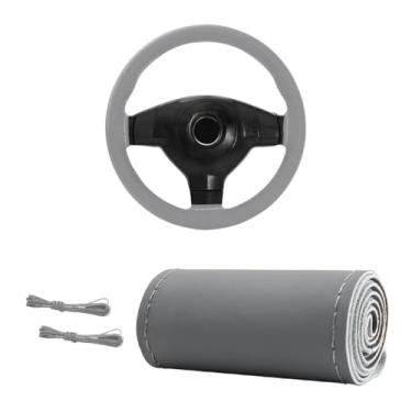 Imagem de MUQIDA Capa de volante de couro genuíno, capa de volante com costura respirável de 38 cm antiderrapante, protetor de costura DIY com linha de agulha (cinza, brilhante)