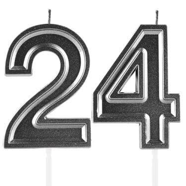 Imagem de Velas de aniversário de 24 anos, numerais pretos 24 topper de bolo, decoração para meninas e meninos, tema de aniversário, festa de casamento, artigos de celebração