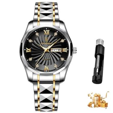 Imagem de Relógio de pulso casual para homem, movimento analógico de quartzo, construção em aço inoxidável, resistente à água, função cronógrafo, mostrador preto e prateado 810