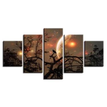 Imagem de Quadros Decorativos 5 Peças Paisagem Anoitecer Lua Passaros - KYME