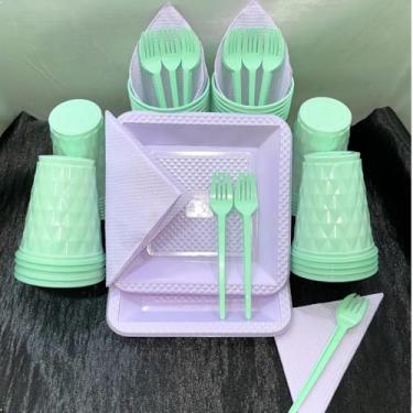 Imagem de Kit Festa Descartável 180 Itens Premium com Pratos Copos Talheres Cores Pastel para Aniversário (Verde Lilás Candy)