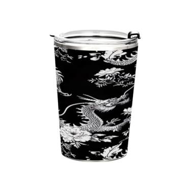 Imagem de Blueangle Copo de 340 g com tampa e canudo, copo de café com água isolada a vácuo de aço inoxidável, caneca de viagem Black Dragons, copo térmico para bebidas quentes e frias (297)