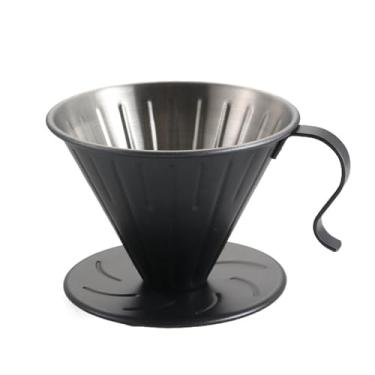 Imagem de Filtro de aço inoxidável, cor primária bege, café preto, guia de fluxo tridimensional, funil em relevo, acessórios para conjunto de café fabricado à mão 304 (tamanho pequeno preto com alça)