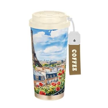 Imagem de SEHANY Caneca de viagem Torre de Paris em aquarela de 500 ml Copos de café reutilizáveis revestidos de cerâmica com tampa à prova de vazamento, parede dupla, isolamento a vácuo, copo de café de aço