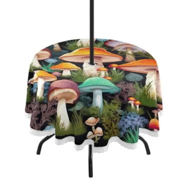 Imagem de ATTX Toalha de mesa redonda Watercolors Cogumelos para uso ao ar livre – 152 cm, impermeável, à prova de derramamento, uso interno/externo, com orifício para guarda-chuva com zíper para acampamento