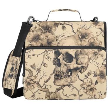 Imagem de SEHANY Fichário com zíper de caveira com alça de ombro, capacidade para 500 folhas, vários bolsos, fichário com 3 anéis com zíper de 3 cm