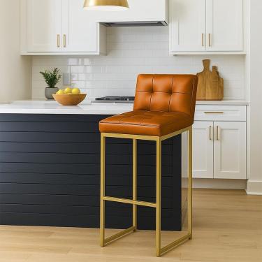 Imagem de Banqueta Cozinha Alta Com Encosto Industrial Dourado Lirina Pu C05 - D'rossi Cor Whisky
