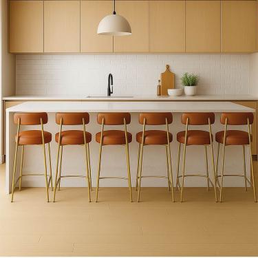 Imagem de Banqueta Cozinha Alta Com Encosto Industrial Dourado Kit 6 Londres Pu D03 - D'rossi Cor Nozes