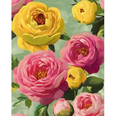 Imagem de BOKEBEVE Papel de parede floral colorido cole e descasque papel de parede vibrante moderno boho flores papel de contato para quarto banheiro amarelo rosa verde removível amigável para locatários 43 x