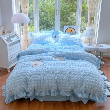 Imagem de XLCZMYL Jogo de cama estilo princesa com babados e babados macio para a pele, conjunto de capa de edredom, lençol de cama ou fronhas, azul, solteiro 150 x 200 3 peças