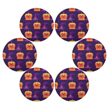 Imagem de Wassud Jogo americano conjunto de 6 tapetes de mesa redondos de abóbora com chapéu de bruxa para cozinha e jantar tapetes laváveis resistentes ao calor para decoração de mesa 39 cm