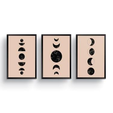 Imagem de quadro lua crescente eucatex conjunto 3 unidadesdecorativos preto bege arte moderna 90x60 cm estilo minimalista fases da lua decoracao parede impressao em tela elegante