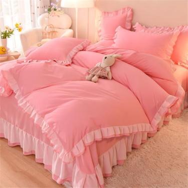 Imagem de XLCZMYL Conjunto de cama de renda princesa rosa com babados luxuoso, lençol de cama e fronhas, roupa de cama macia para decoração de casa, rosa, solteiro 150 x 200 4 peças