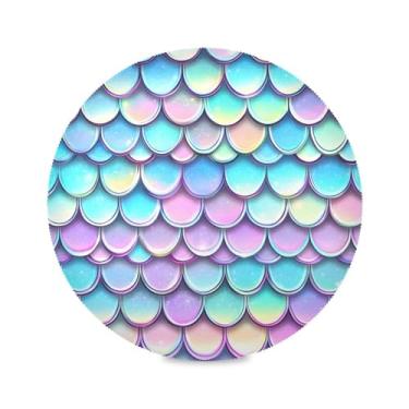 Imagem de xigua Jogo americano redondo de escamas de peixe arco-íris, conjunto de 4 para mesa de jantar, tapetes de mesa antiderrapantes laváveis e resistentes ao calor para decoração de festa, cozinha, jantar