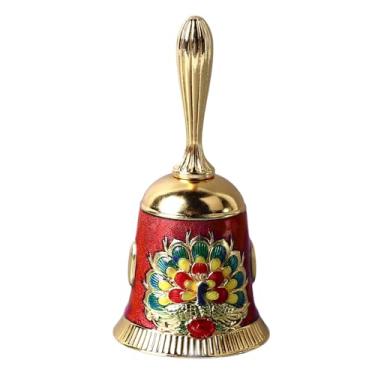 Imagem de Sino de mão vintage de latão antigo requintado padrão esculpido sino de chamada de mão para jantar festa de casamento família escola material de liga som claro alça arredondada (Ouro com Vermelho
