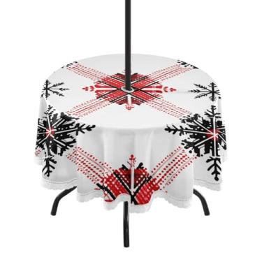 Imagem de CEBUGI Toalha de mesa redonda para uso ao ar livre, estampa xadrez com flocos de neve, impermeável, com orifício Umberlla, capa de mesa lavável para pátio, cozinha, sala de jantar, 152 cm