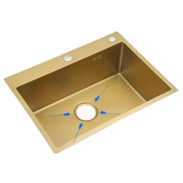 Imagem de PVXMQFFA Pia de cozinha de tigela única Pia de cozinha dourada de aço inoxidável engrossada pia pequena para estação de trabalho pia de cozinha com acessórios (cor: ouro, tamanho: 53 * 43 * 21 cm)