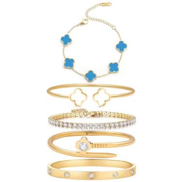 Imagem de Arthur Liu Conjunto de 5 pulseiras empilháveis de flores da sorte, One Size, Aço inoxidável, Zircônia cúbica