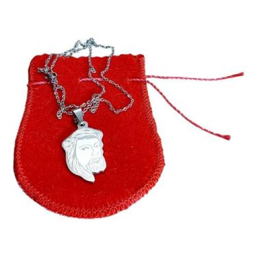 Imagem de Colar aço inox prateado 50cm com pingente rosto jesus santo - ASA