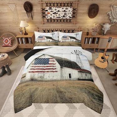 Imagem de Erosebridal Jogo de cama rústico de celeiro antigo, tamanho queen, retrô, bandeira americana, moinho de vento, decoração de casa de fazenda - 2 fronhas + 1 colcha, microfibra macia