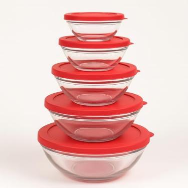 Imagem de Conjunto 5 Potes de Vidro Redondos com Tampa – 135 ml a 1000 ml, Transparente/Vermelho, Empilhável
