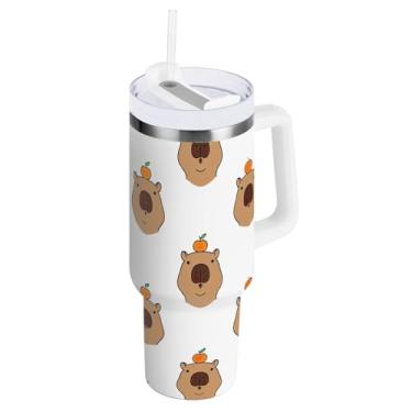 Imagem de Copo de isolamento duplo grande com alça e tampa de palha, lindo copo de café para viagem laranja e branco