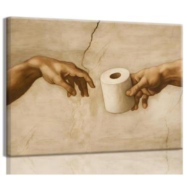 Imagem de Arte de parede de banheiro engraçada vintage mão banheiro decoração de parede funky handing papel higiênico impressões em tela imagens de papel higiênico eclético para banheiro banheiro emoldurado 30