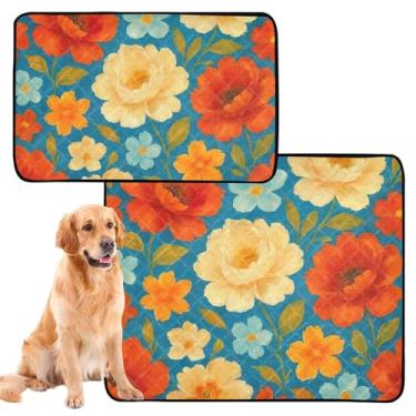 Imagem de TSENQUE Flores coloridas azul desenho animado gato xixi almofada reutilizável pet lavável cachorro xixi tapete bonito impermeável antiderrapante absorvente almofada de parto, pequeno x pacote com 3