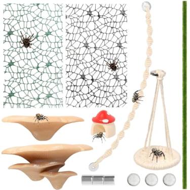Imagem de Hollima 8 peças de habitat de pele de aranha saltadora, aranhas de estimação, esconderijo, folhas, corda de escalada, balanços e teia, prateleira de cogumelo, plataforma de salto com ímãs para