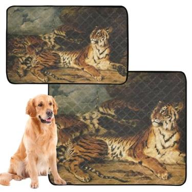 Imagem de TSENQUE Tapete para gaiola de cachorro de estimação com pintura de filhote de tigre mãe Eugène Delacroix, lavável à prova d'água, fofo, reutilizável para xixi, almofada absorvente, médio + grande