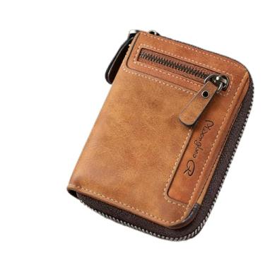 Imagem de Carteira masculina com zíper para moedas, vários compartimentos para cartões, carteira de couro compacta, tamanho pequeno, transporte diário, Marrom, Normal
