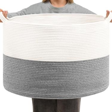 Imagem de Cesto de roupa suja dobrável com cabo dobrável, corda de algodão, tecido macio, organizador de roupas, brinquedos, berçário, quarto, dormitório, caixa de economia de espaço (branco e cinza claro, 115