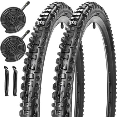 Imagem de Pacote com 2 pneus de bicicleta 16/20/24 x 1,75/1,95/2,125 pneus de bicicleta dobráveis de 16/20/24 polegadas com tubos internos AV válvula Schrader de 32 mm adequado para pneus de substituição de