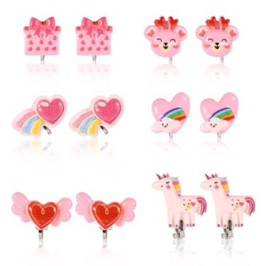 Imagem de 6 Pares Brincos de Pressão para Meninas, Brincos de Pressão Coloridos com Unicórnio e Coração Arco-Íris Sem Furo na Orelha Acessórios Joias Fofos Adequados para Meninas Pequenas