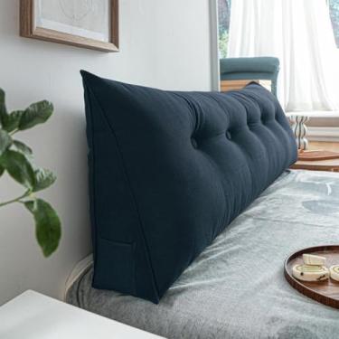 Imagem de Almofada triangular de cunha para cabeceira de cama, almofadas de cunha, almofada reforçada, encosto triangular com bolso lateral para sofá-cama, azul escuro, 200 x 20 x 50 cm