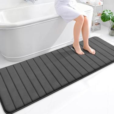 Imagem de OLANLY Tapetes de banheiro longos listrados de espuma viscoelástica 180 x 61 cm, tapete de banho absorvente super macio, secagem rápida, lavável na máquina, tapetes de chuveiro, tapete de banho