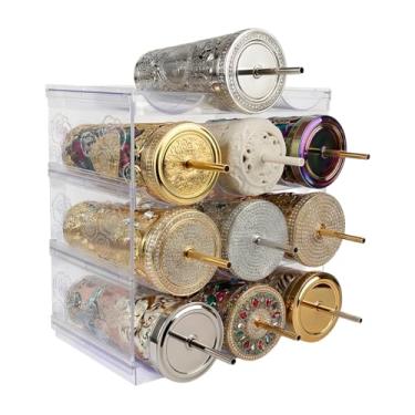 Imagem de HOGARSWE Organizador de garrafa de água, suporte de armazenamento para organização de cozinha, geladeira, despensa, armário, bancada, armário - prateleira de copo de plástico para vinho - 4 camadas