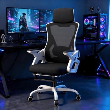 Imagem de Cadeira de Escritório Ergonômica Giratória Reclinável 145° com Apoio para Pés Retrátil, Encosto em Mesh Respirável, Suporte Lombar Ajustável, Cabeceira XXL, Estrutura Reforçada Até 300kg (Branco)