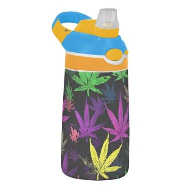 Imagem de Garrafa de água verde de folhas coloridas infantil com canudo 473 ml Tritan 473 ml Garrafa de água esportiva à prova de vazamento, copo infantil portátil, reutilizável, alça de transporte